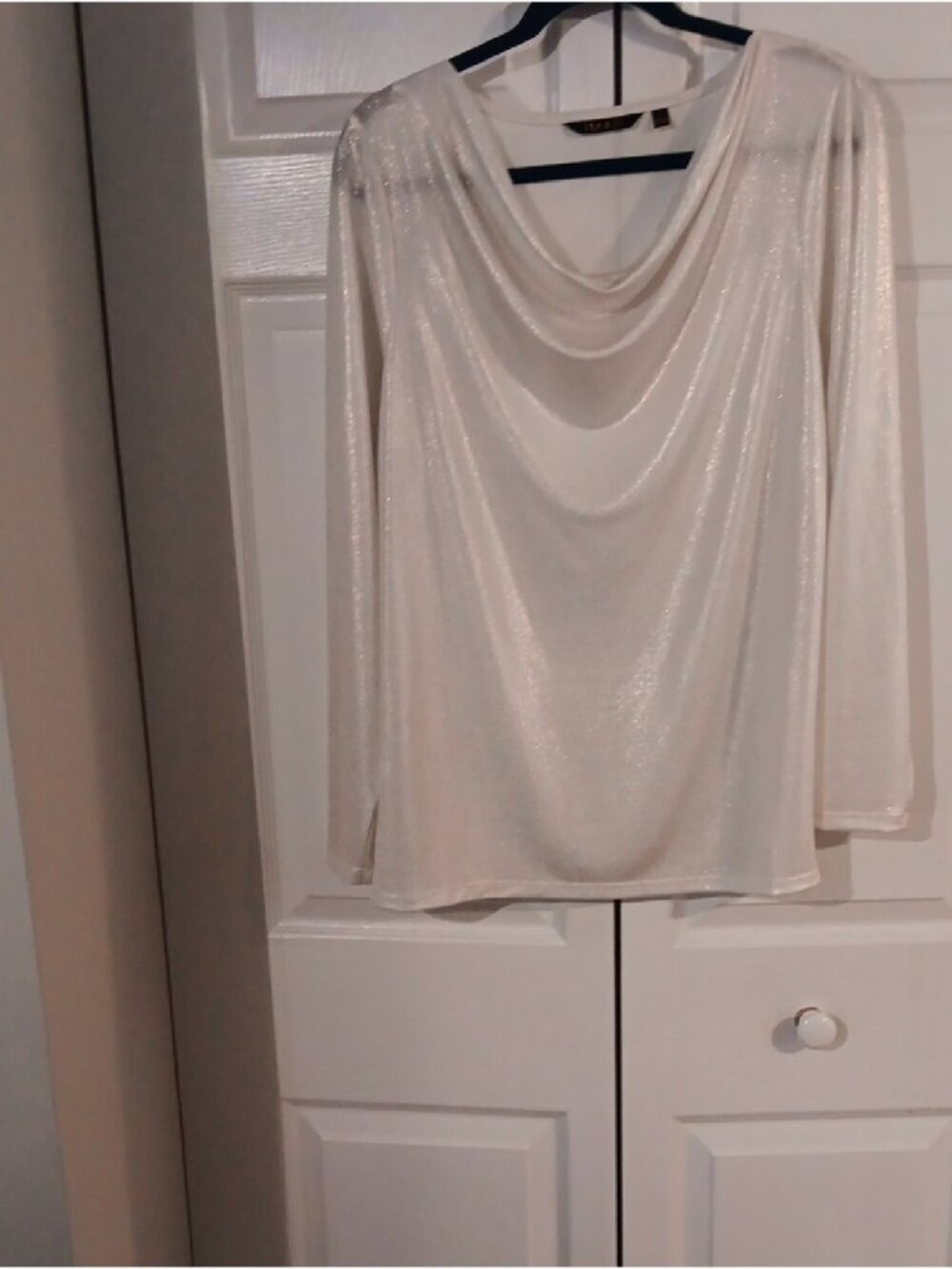 Cream Shimmery Draped Neck Long Sleeve Top